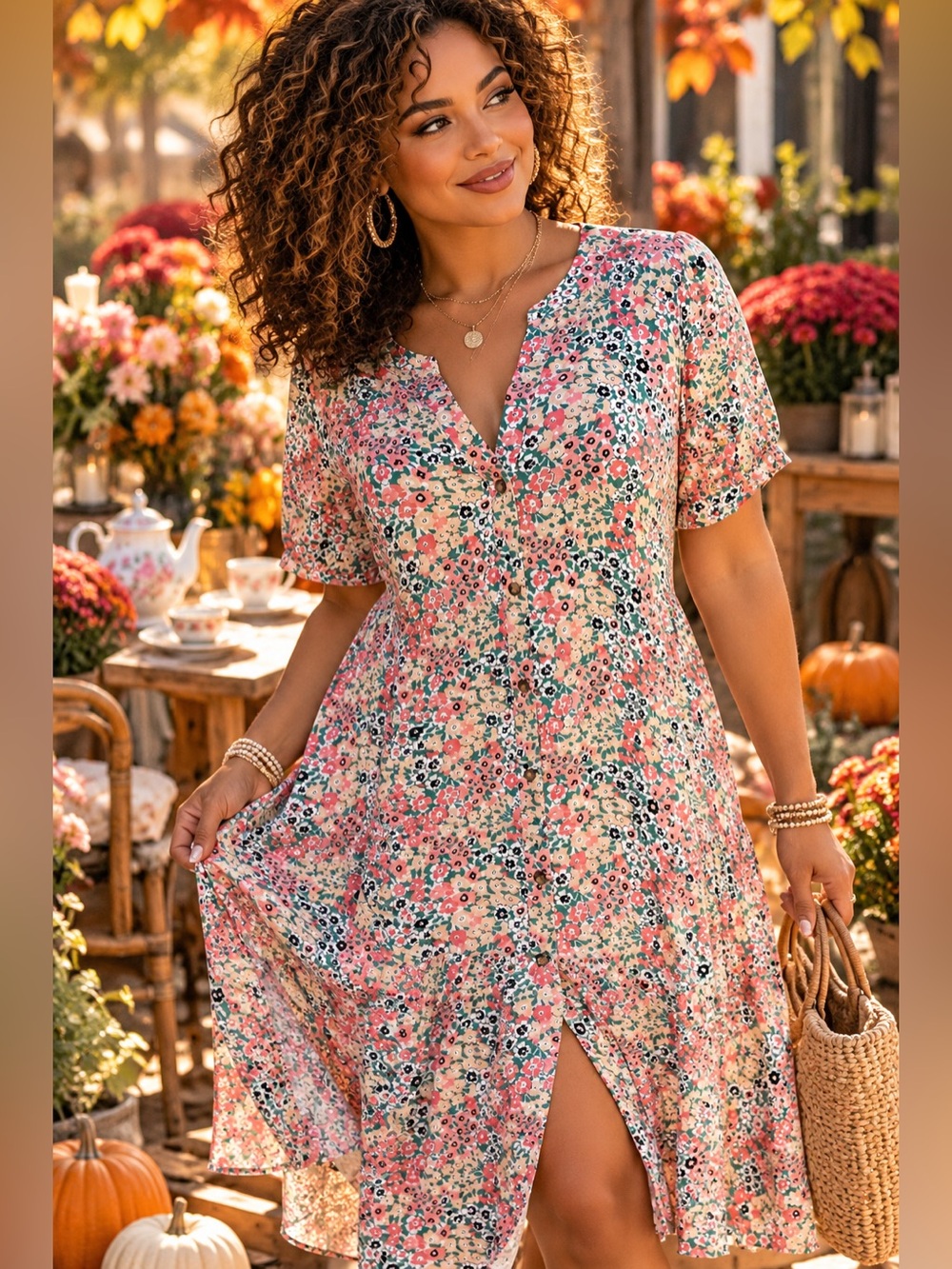 LOFT Pink Floral Midi Dress with Button Front